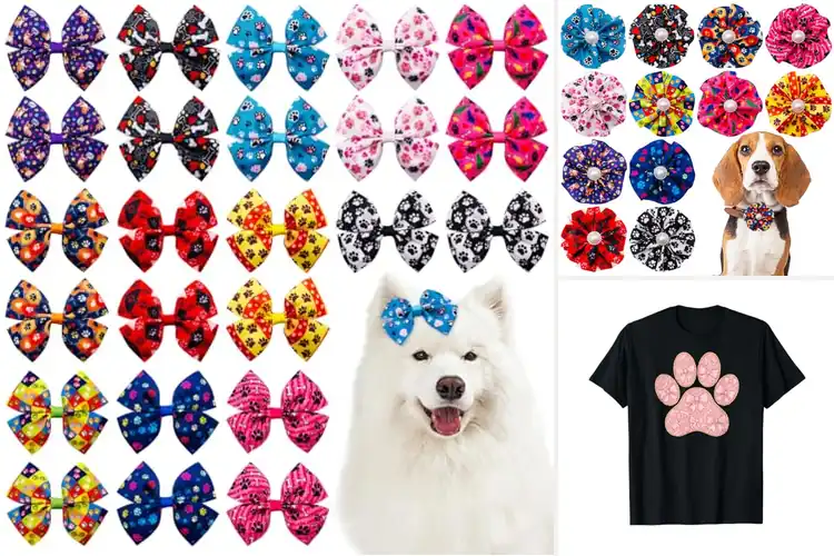 Detailed view of Best Red Pink Blue Purple Paw Print Bows